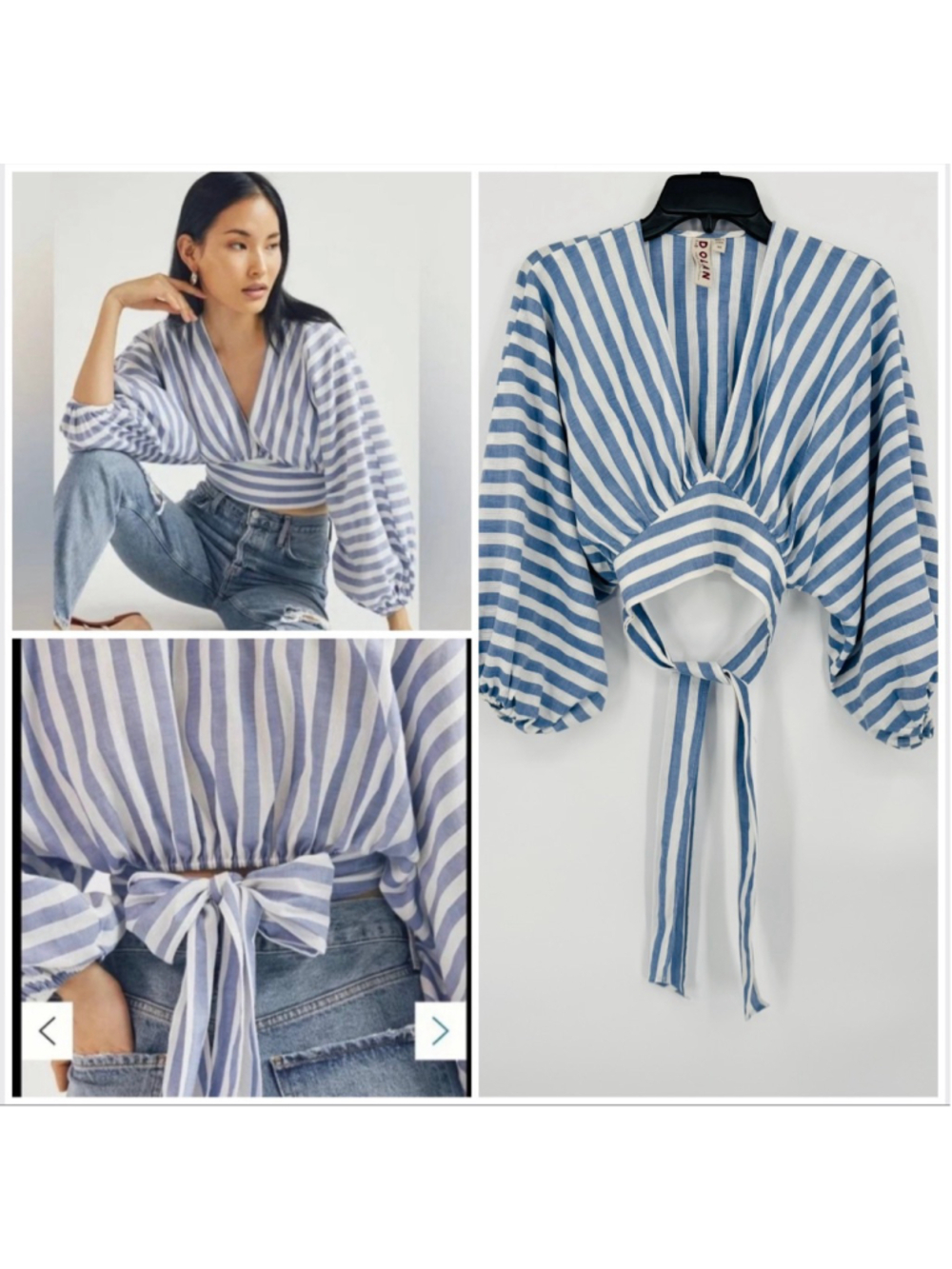 Anthropologie Dolan Blue White Striped Wrap Cropped Blouse XXS